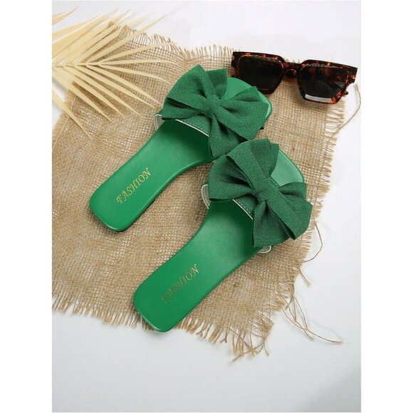 Women's Bow Green Square Toe Flat Summer Sandals Slides Slip On Shoes - Picture 2 of 6